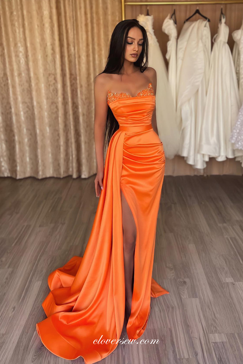 Beaded Neckline Strapless Orange Satin Sheath With Side Slit Prom Dres clover sew Beaded Neckline Strapless Orange Satin Sheath With Side Slit Prom Dres clover sew