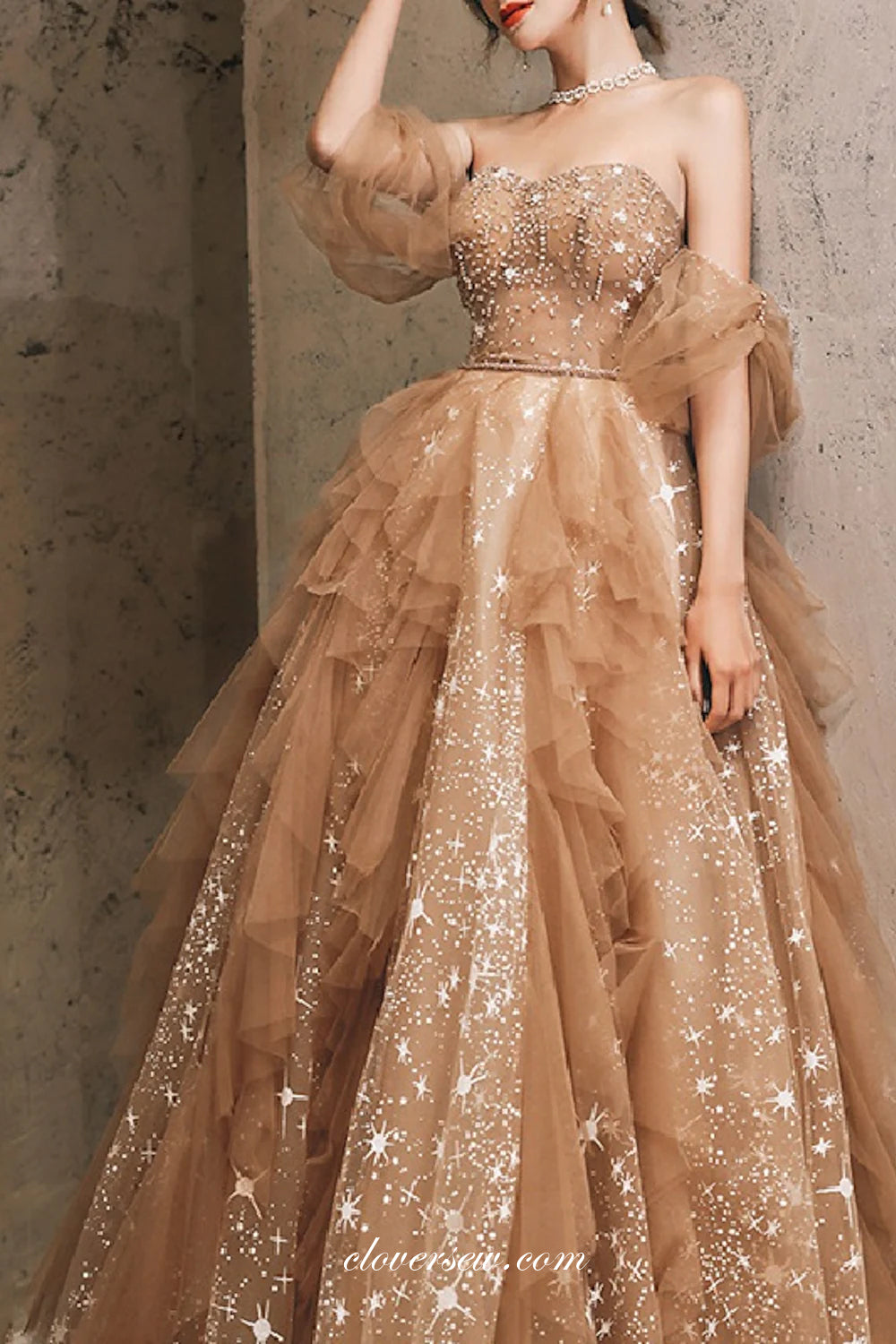 Beaded Ruffles Tulle Sweetheart Off The Shoulder Charming Prom Dresses, CP0800