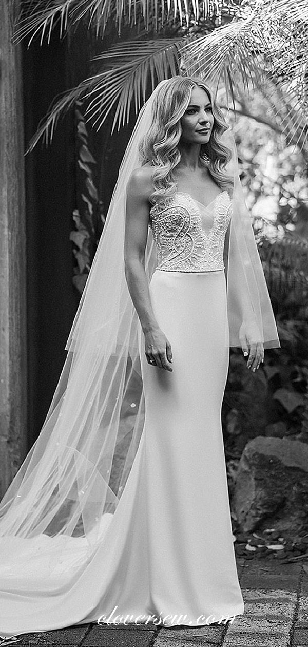 lace sweetheart sheath wedding dress Sweetheart Sheath Ruched Sequined Wedding Dress in White, White / 4