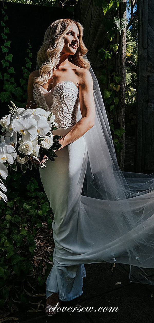 Beaded Lace Sweetheart Strapless Sheath With Train Wedding Dresses, CW clover sew Beaded Lace Sweetheart Strapless Sheath With Train Wedding Dresses, CW clover sew