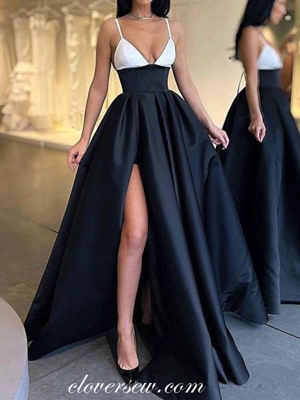 Black And White V-neck Side Slit A-line Formal Dresses, CP0859