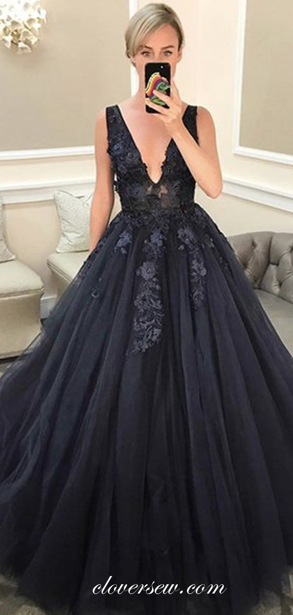 Black Applique Sleeveless V-neck A-line Prom Dresses, CP0534