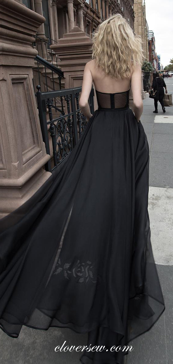 Black Applique Sweetheart Strapless See Through A-line Fashion Dresses, CP0511