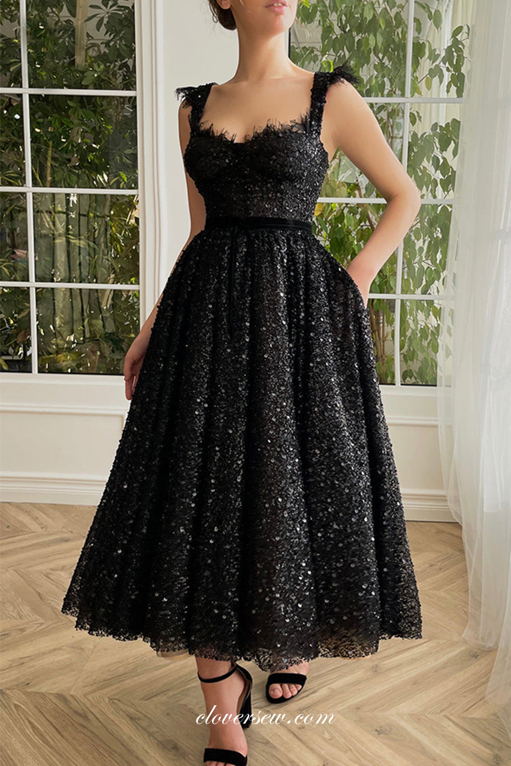 Black Beaded Sequin Lace Sleeveless A-line Ankle Length Prom Dresses,C