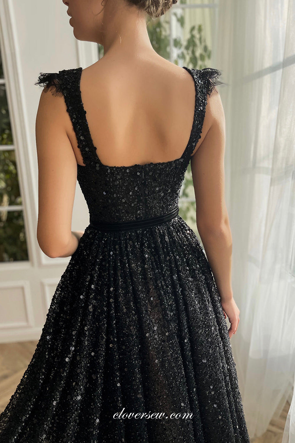 Black Beaded Sequin Lace Sleeveless A-line Ankle Length Prom Dresses,CP0924