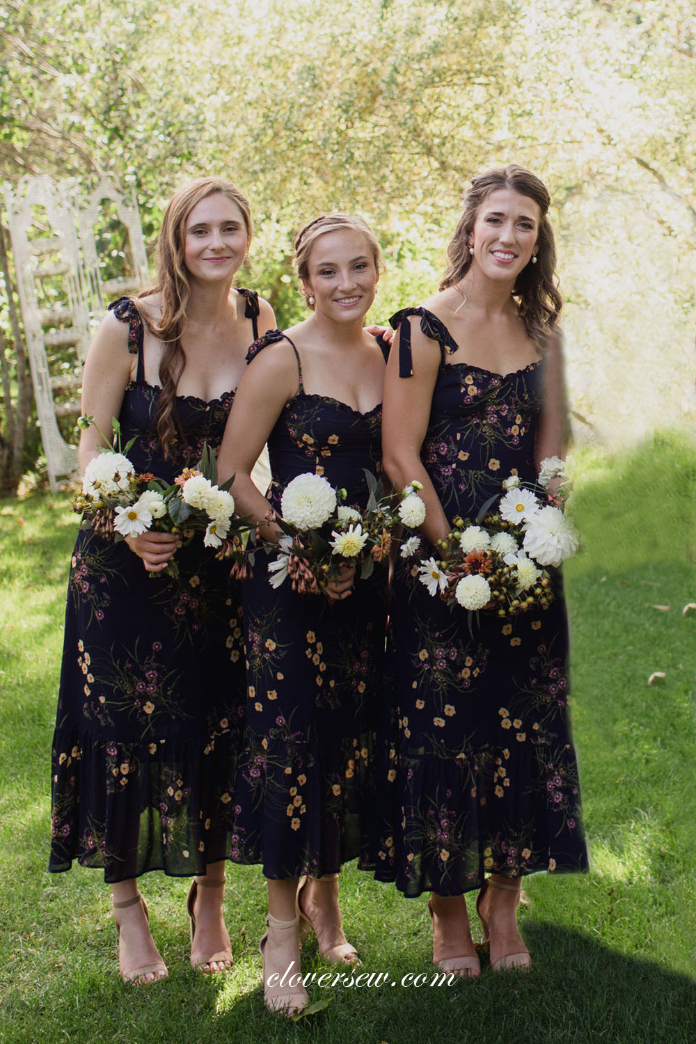 Black Floral Chiffon Sleeveless Column Tea Length Bridesmaid Dresses, CB0287