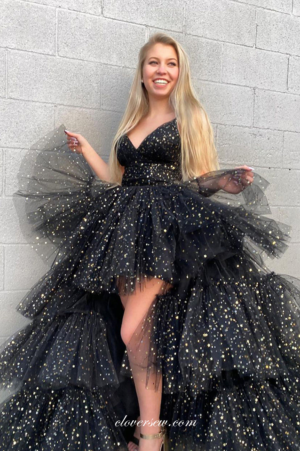 Black Glitter Tulle Tiered High Low A-line Prom Dresses, CP0947 clover sew Black Glitter Tulle Tiered High Low A-line Prom Dresses, CP0947 clover sew