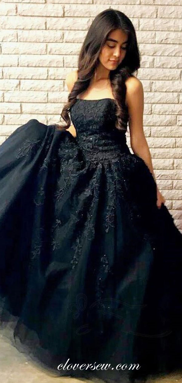 Black Lace Applique Strapless A-line Fashion Prom Dresses, CP0586