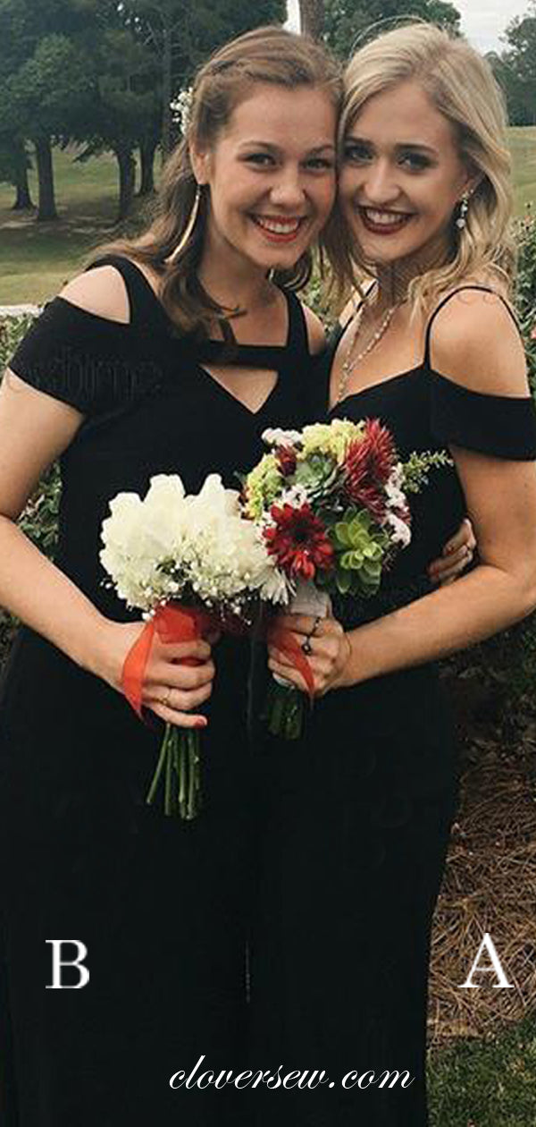 Black Mismatched Off The Shoulder Cloumn With Side Slit Bridesmaid Dresses, CB0118