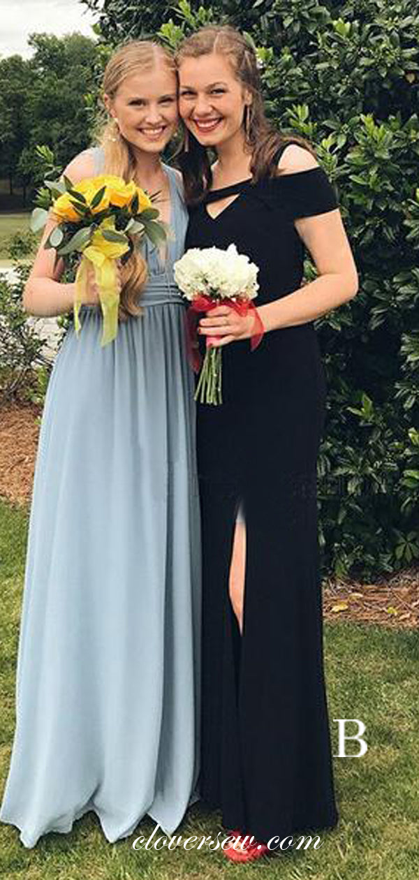 Black Mismatched Off The Shoulder Cloumn With Side Slit Bridesmaid Dresses, CB0118
