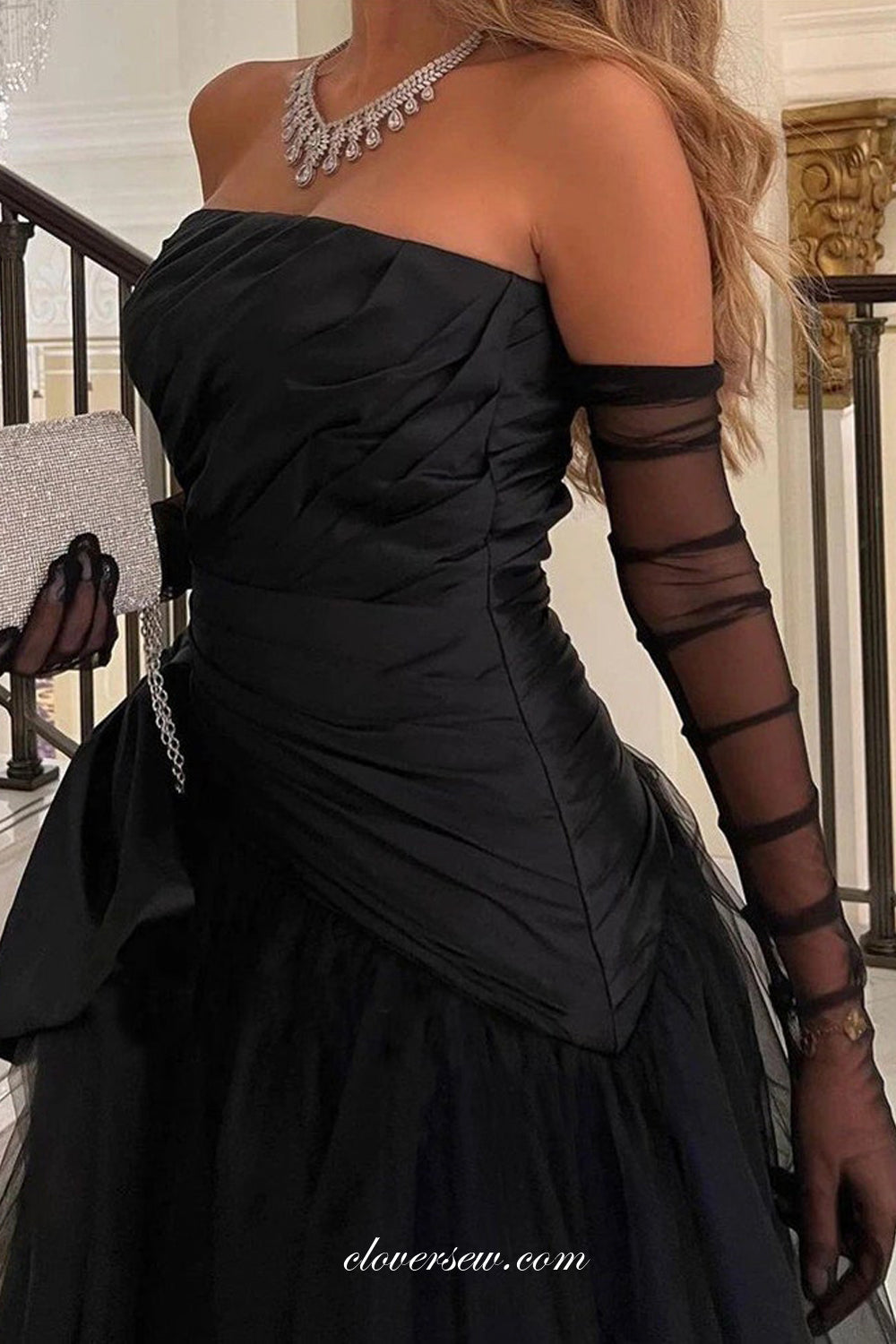Black Pleating Tulle Strapless With Bowknot A-line Vintage Formal Dresses, CP1006