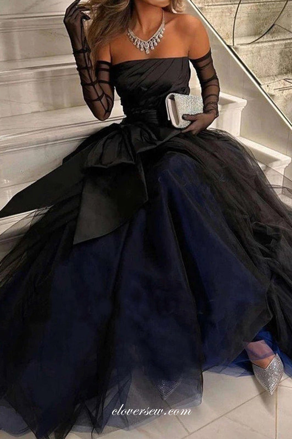 Black Pleating Tulle Strapless With Bowknot A-line Vintage Formal Dresses, CP1006