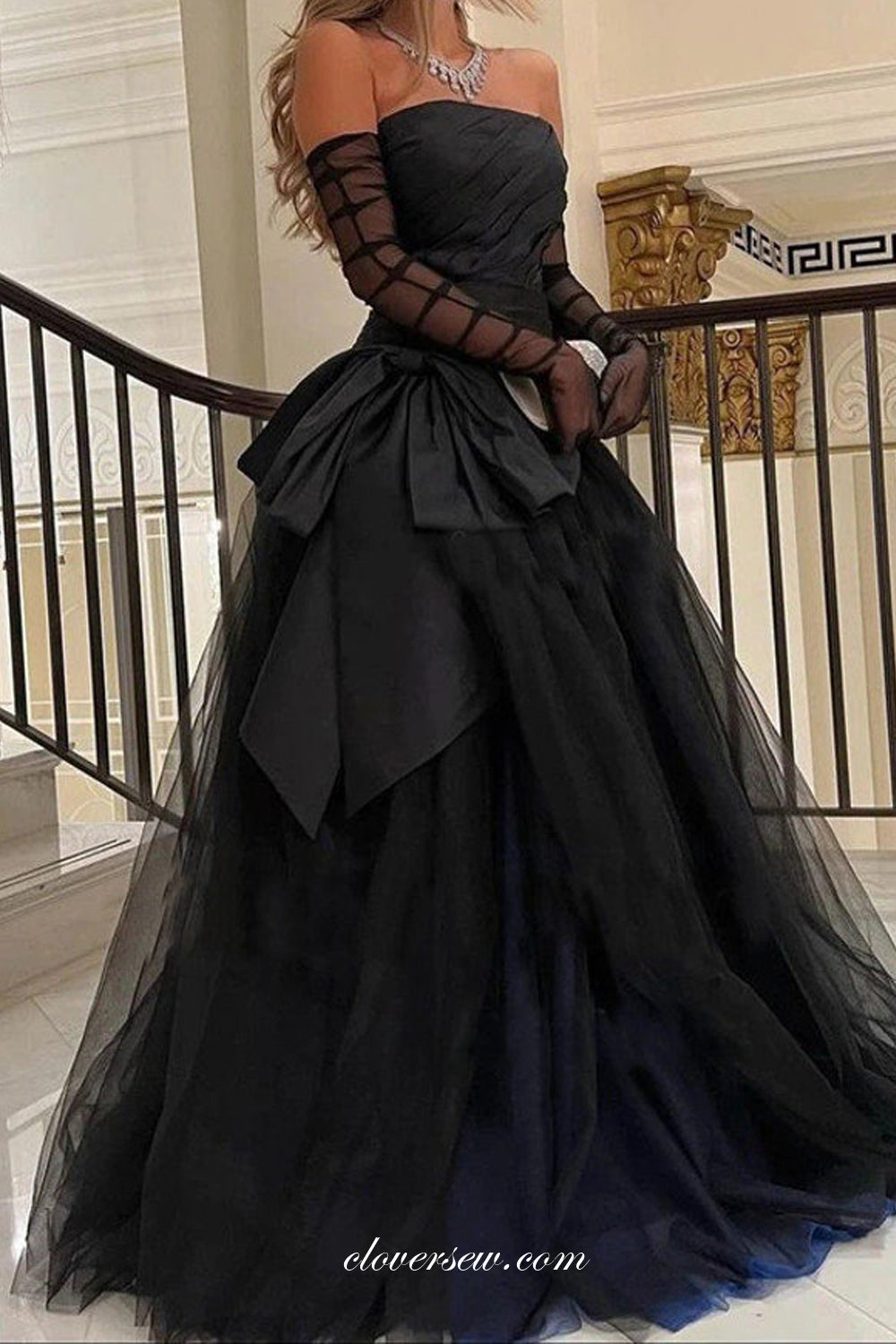Black Pleating Tulle Strapless With Bowknot A-line Vintage Formal Dres clover sew Black Pleating Tulle Strapless With Bowknot A-line Vintage Formal Dres clover sew