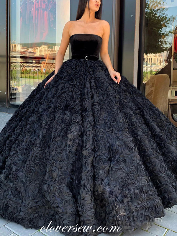 Black Rosy Satin Strapless Ball Gown Charming Formal Dresses, CP0740