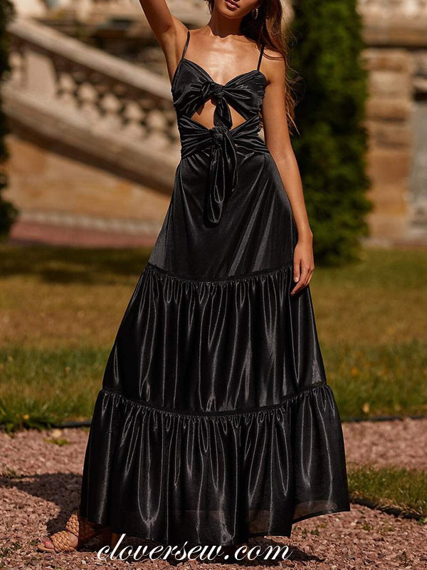 Black Satin Charming Open Bowknot Top A-line Fashion Prom Dresses, CP0775