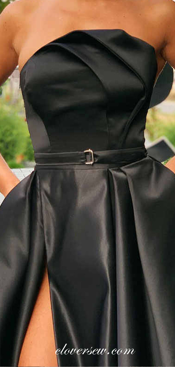 Black Satin Fashion Pleat Strapless A-line With Side Slit Prom Gown, CP0645