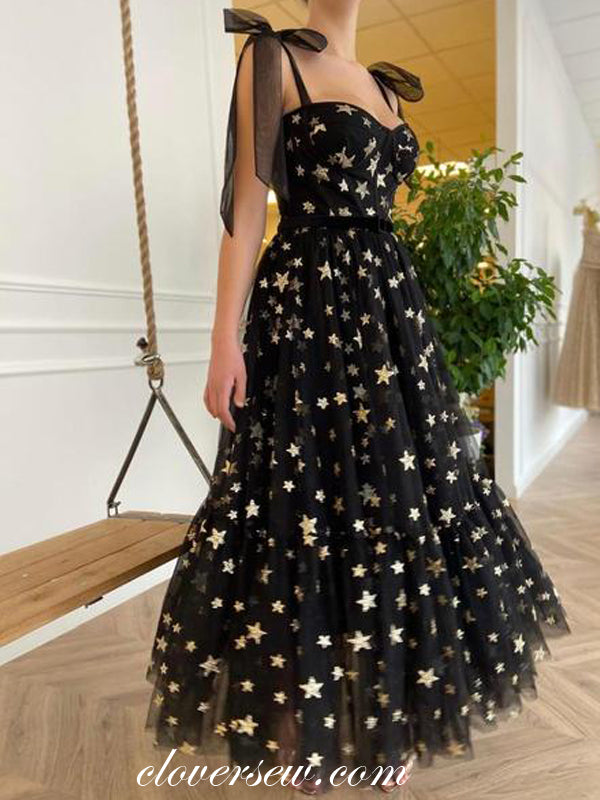 Black Sequined Star Tulle Sweetheart A-line Ankle-length Prom Dresses, CP0738