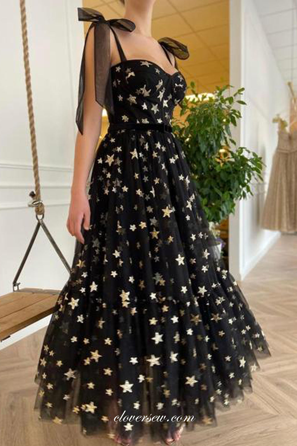 Black Sequined Star Tulle Sweetheart A-line Ankle-length Prom Dresses, CP0738