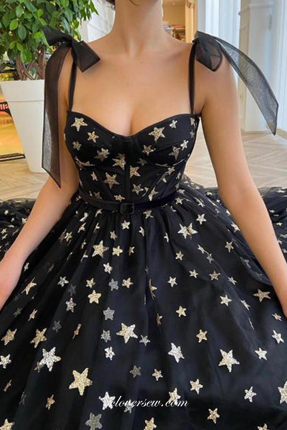 Black Sequined Star Tulle Sweetheart A-line Ankle-length Prom Dresses, CP0738