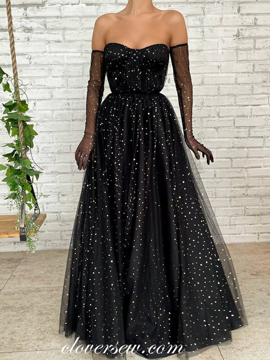 Black Sequined Tulle Glitter Long Sleeves Prom Dresses CP0802