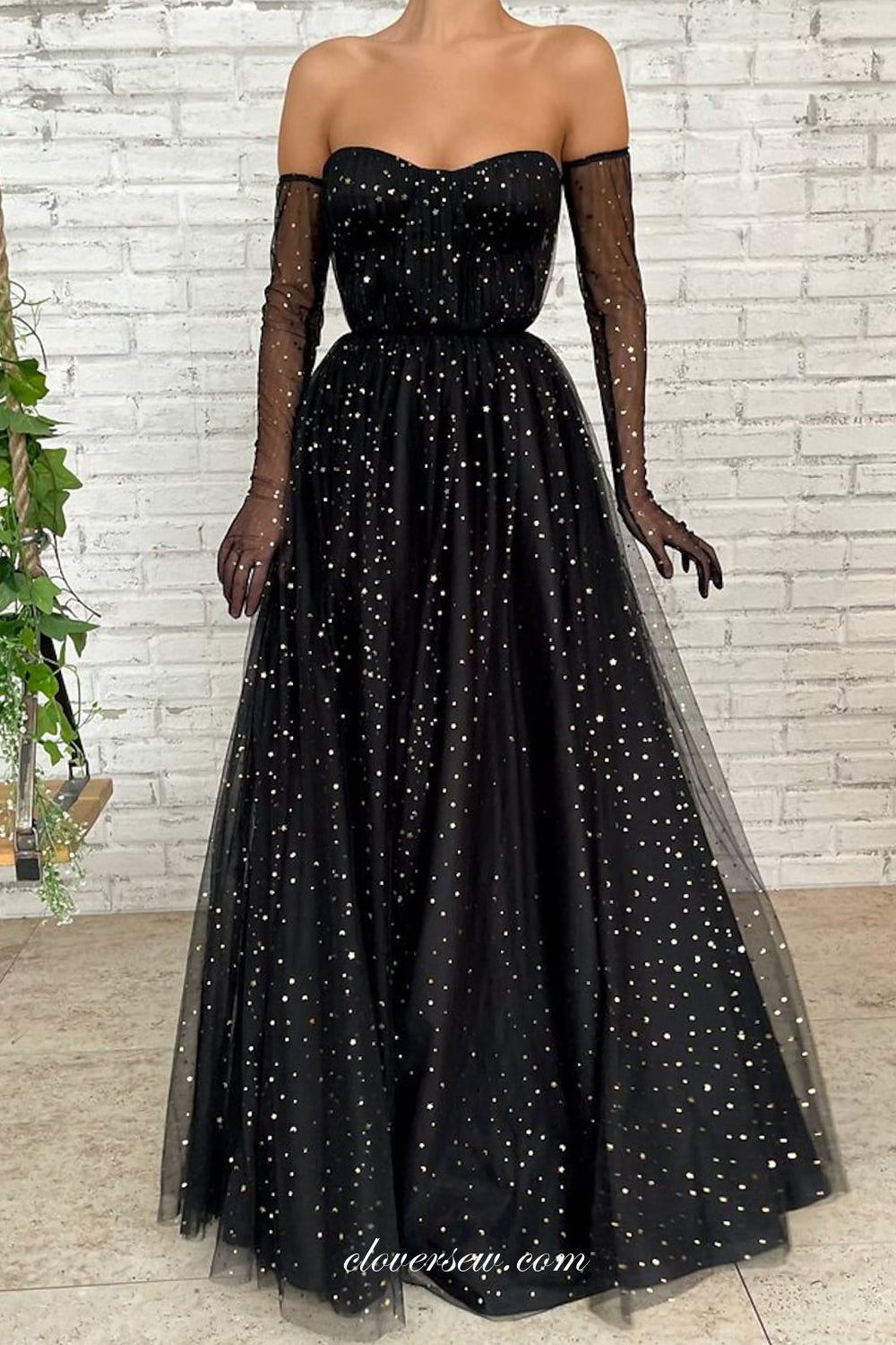 Black Sequined Tulle Glitter Long Sleeves Prom Dresses CP0802