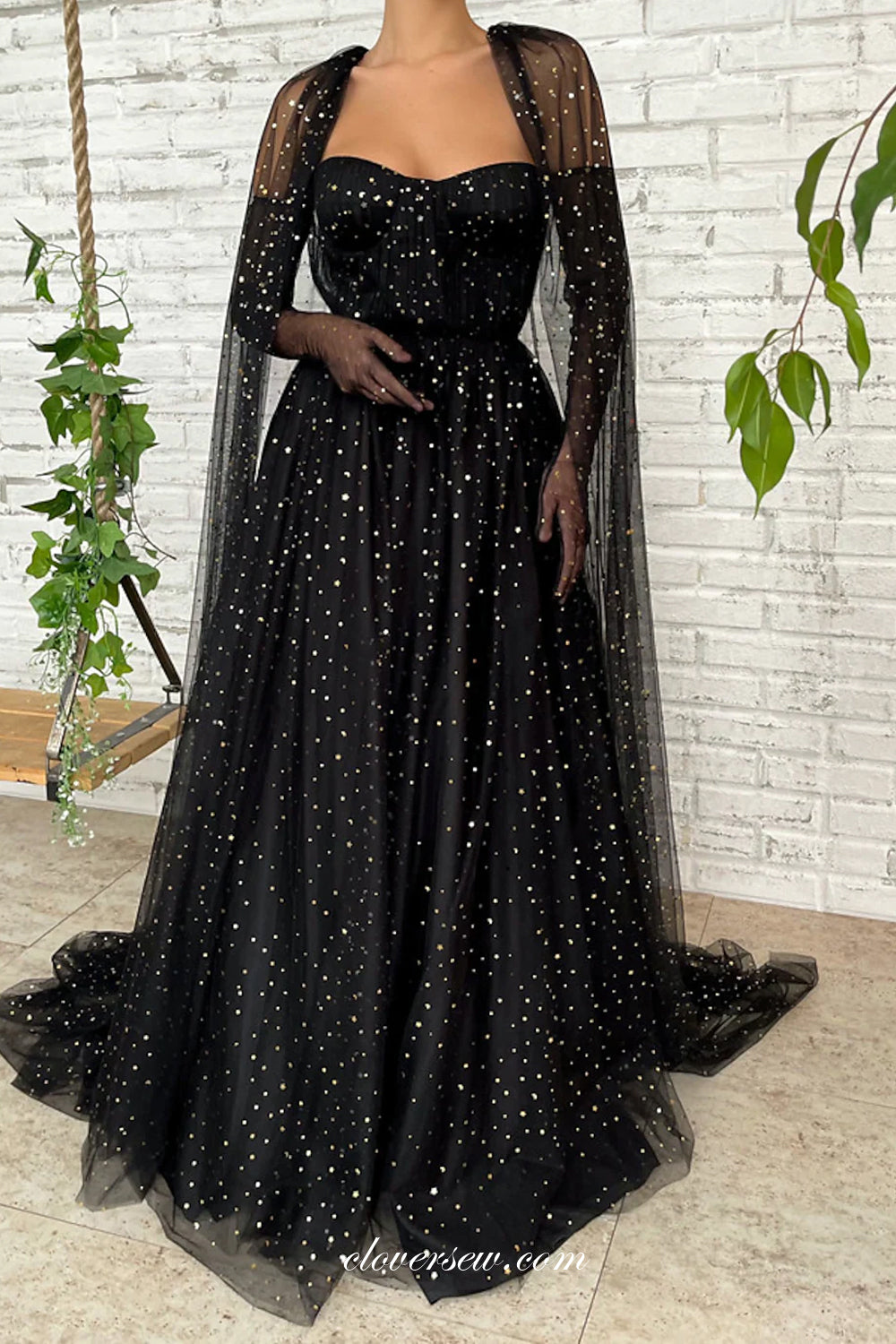 Black Sequined Tulle Glitter Long Sleeves Prom Dresses CP0802