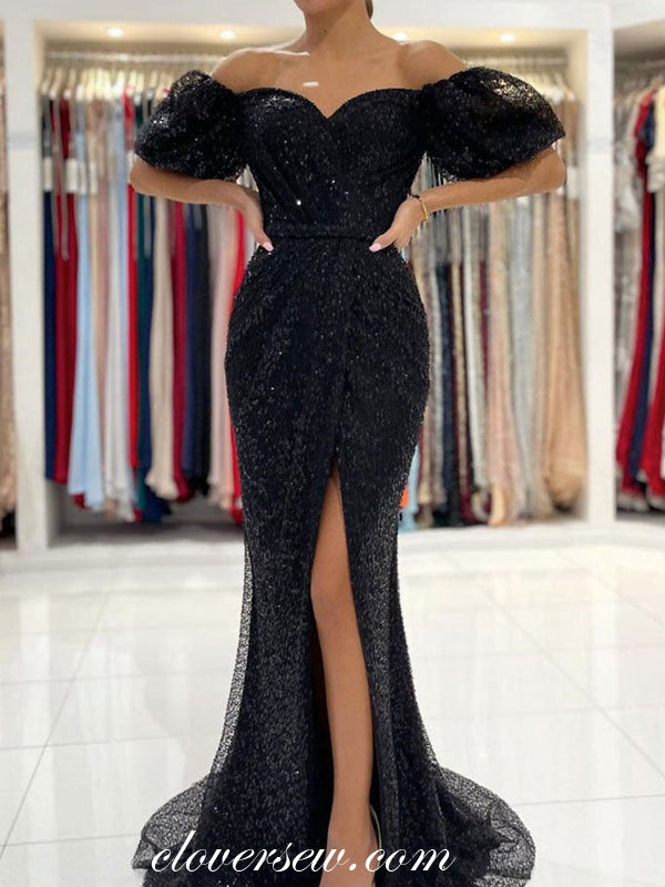 Black Sequined Tulle Off The Shoulder Sheath Side Slit Formal Dresses, CP0845
