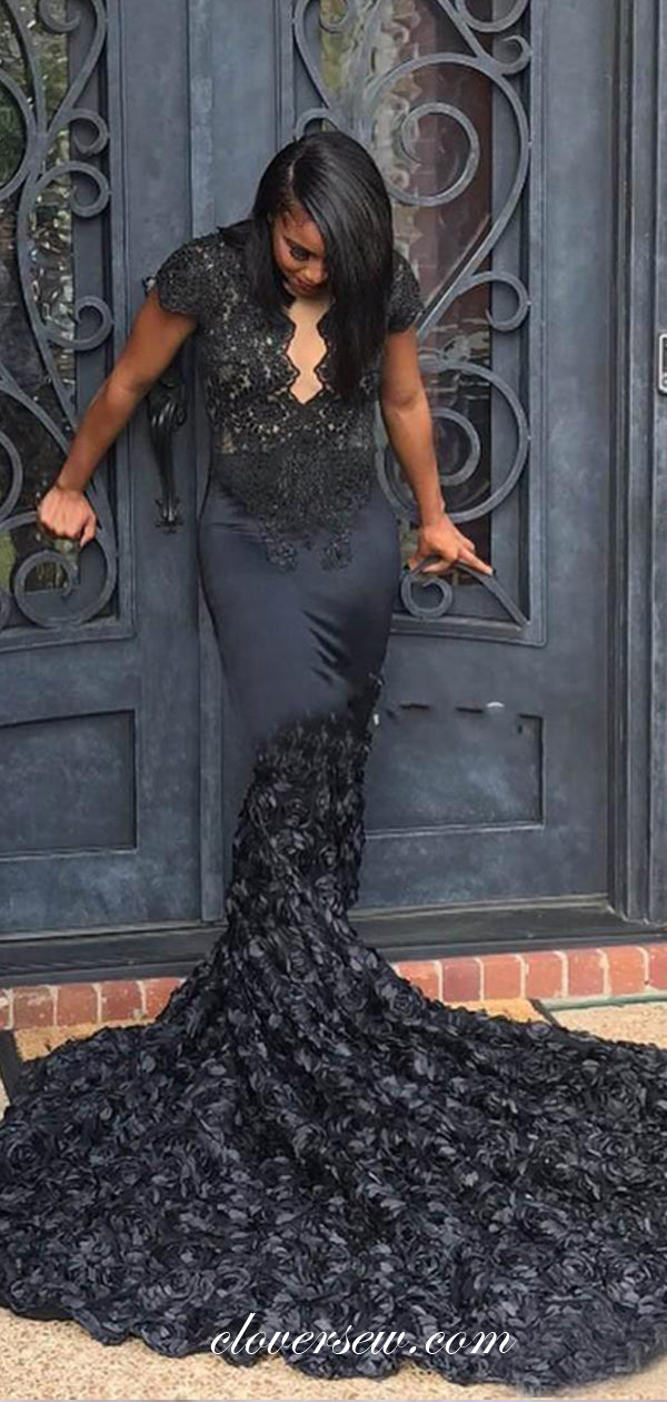 Black Short Sleeves Rosy Satin Sexy Mermaid Prom Dresses, CP0566
