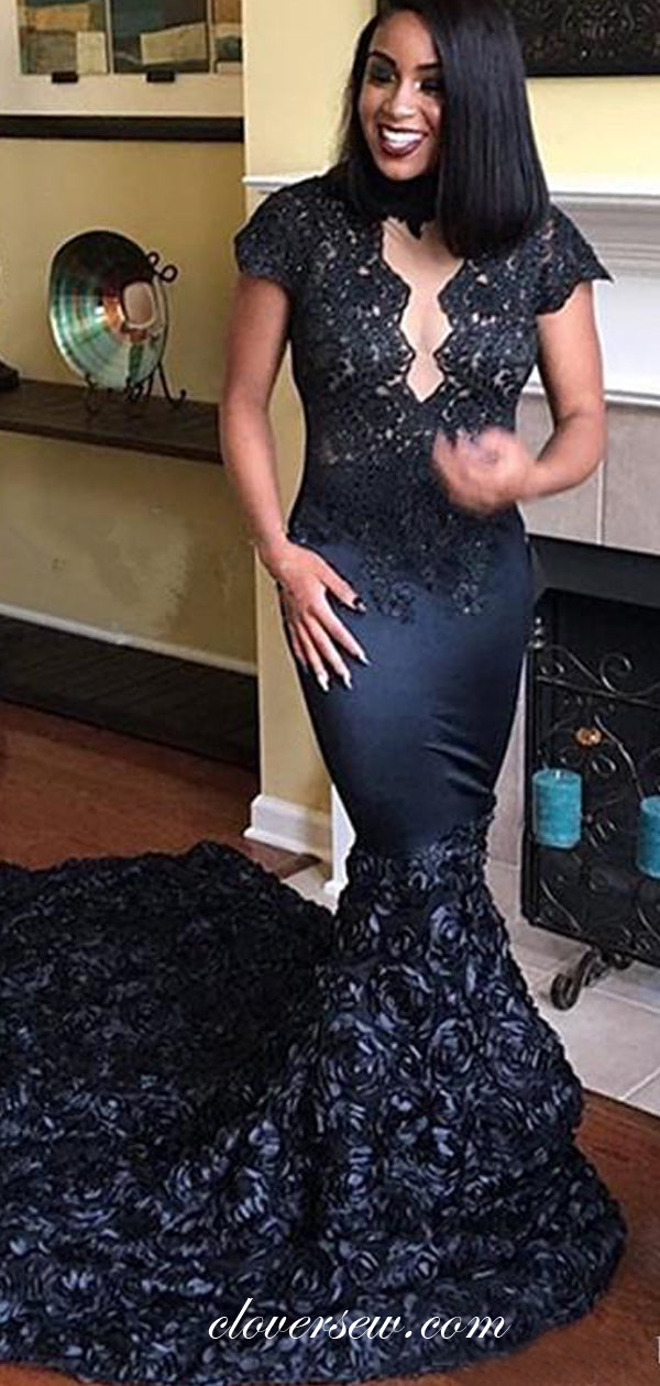 Black Short Sleeves Rosy Satin Sexy Mermaid Prom Dresses, CP0566