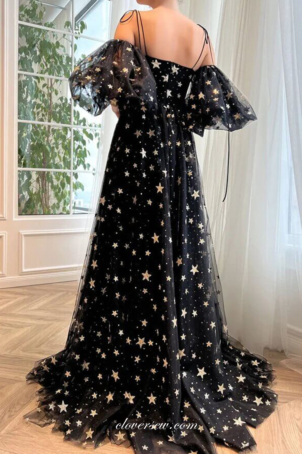 Black Star Glitter Tulle Off The Shoulder A-line With Side Slit Prom Dresses, CP0933