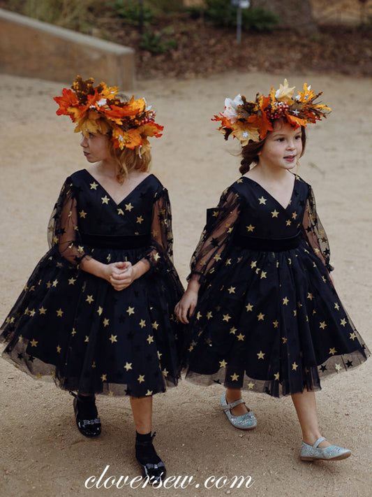 Black Star Sequined Tulle Long Sleeves Popular Flower Girl Dresses, CF0014