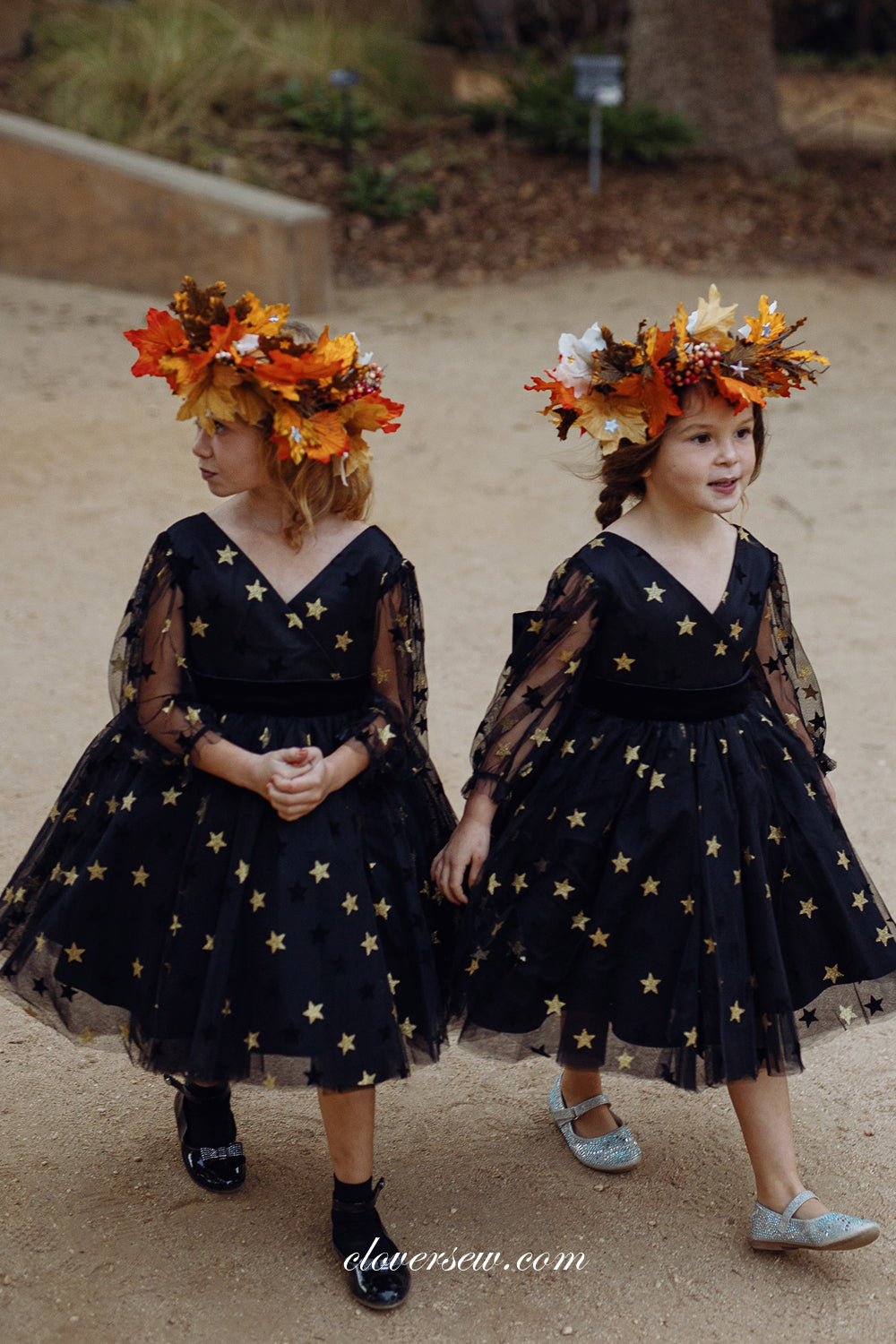 Black Star Sequined Tulle Long Sleeves Popular Flower Girl Dresses, CF0014