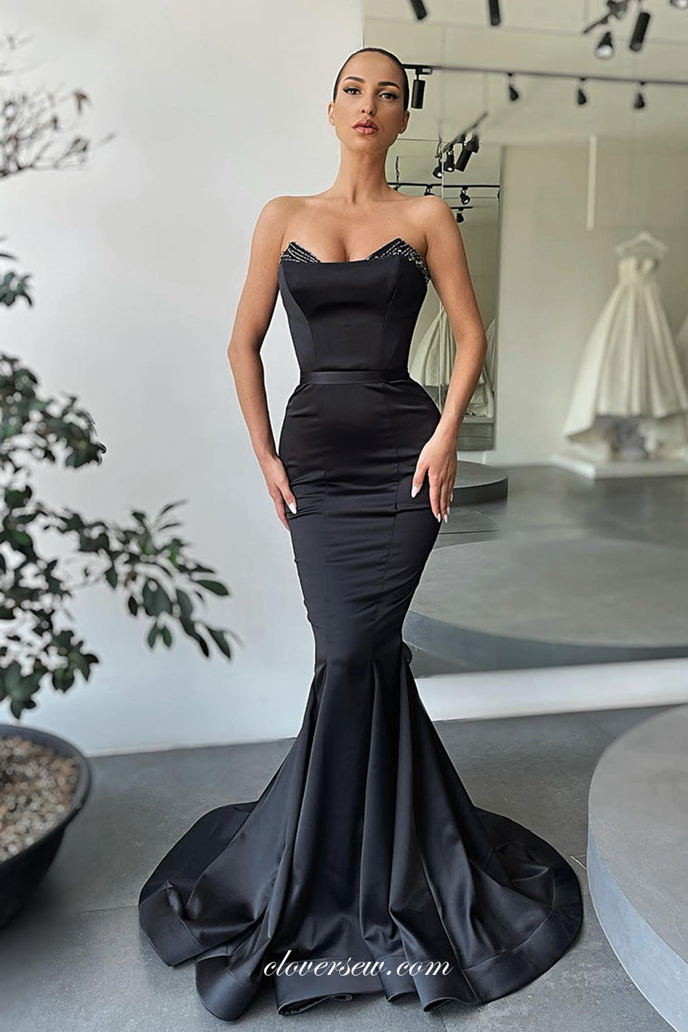 Black Strapless Beading Neckline Mermaid Formal Prom Dresses, CP0956