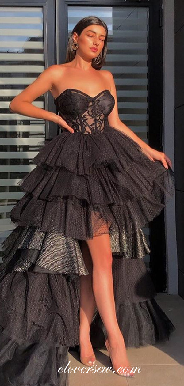 Black Tulle Applique Fashion See Through High Low Tiered Prom Dresses, CP0575