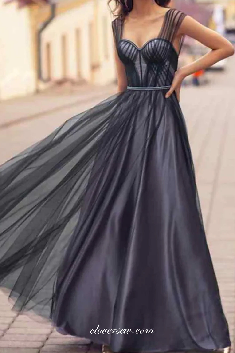 Black Tulle Pleating Sleeveless Sweetheart A-line Fashion Dresses, CP0728