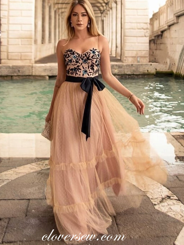 Black Applique Nude Tulle Sweetheart Strapless A-line Prom Dresses ,CP clover sew Black Applique Nude Tulle Sweetheart Strapless A-line Prom Dresses ,CP clover sew