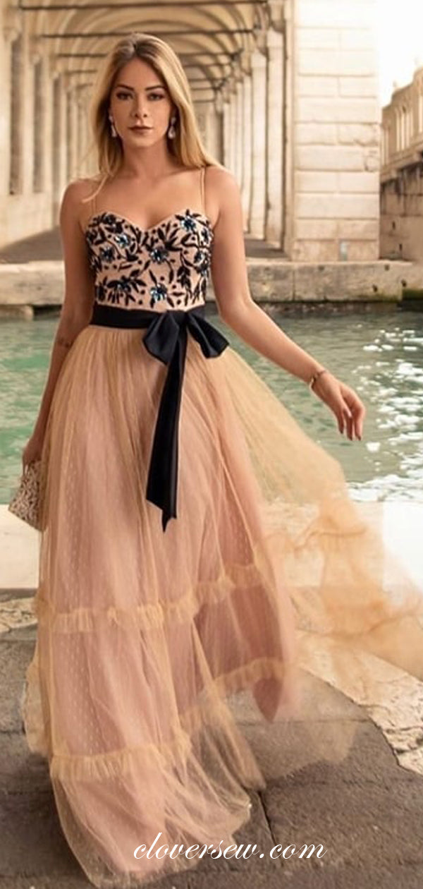 Black Applique Nude Tulle Sweetheart Strapless A-line Prom Dresses ,CP0285