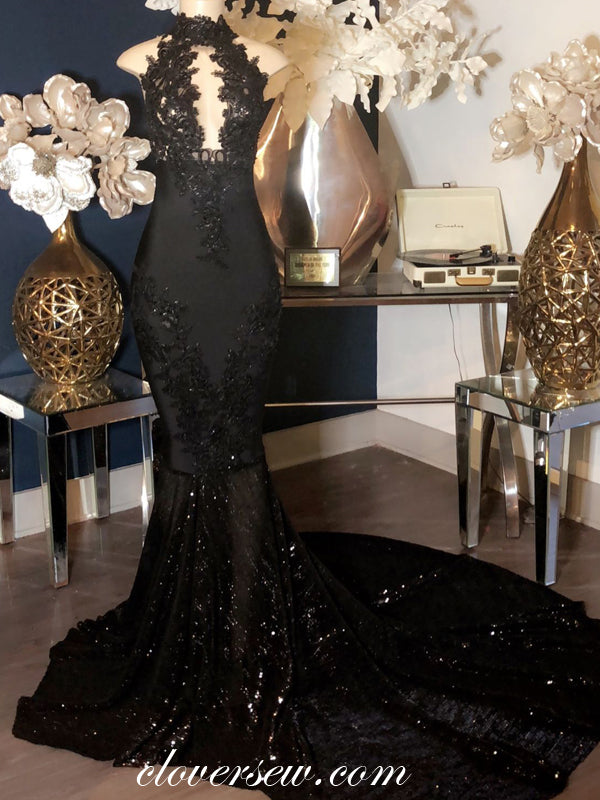 Black Applique Shiny Tulle Halter Mermaid Sweep Train Evening Dresses ,CP0199