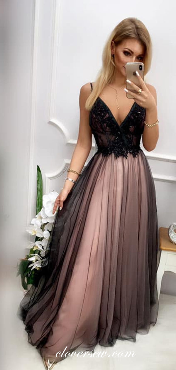 Black Bead Rhinestone Tulle Spaghetti Strap A-line Prom Dresses, CP0036