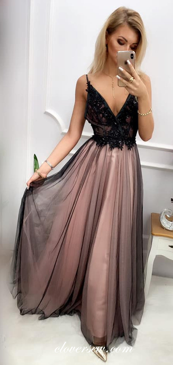 Black Bead Rhinestone Tulle Spaghetti Strap A-line Prom Dresses, CP0036