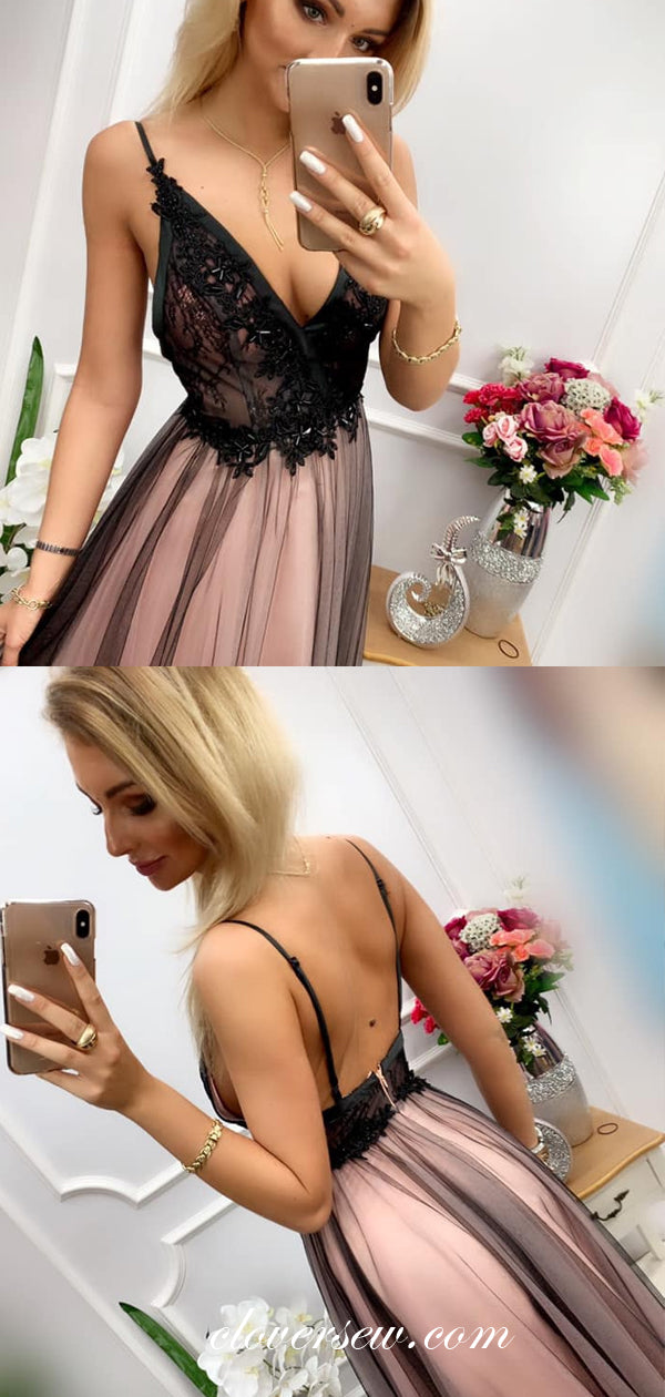 Black Bead Rhinestone Tulle Spaghetti Strap A-line Prom Dresses, CP0036