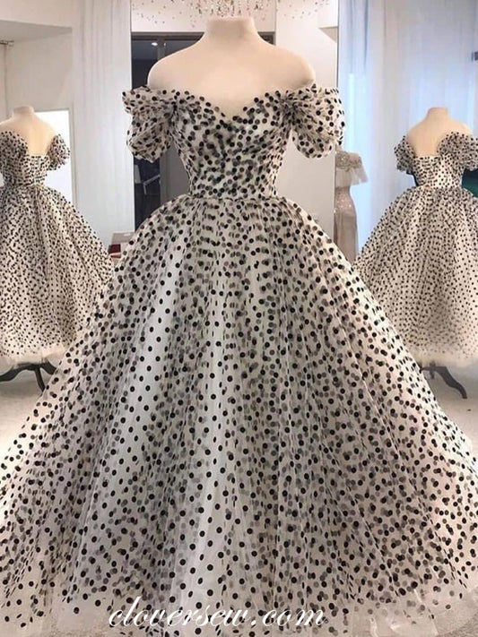 Black Dot Tulle Off The Shoulder Vintage Ball Gown Prom Dresses, CP0451