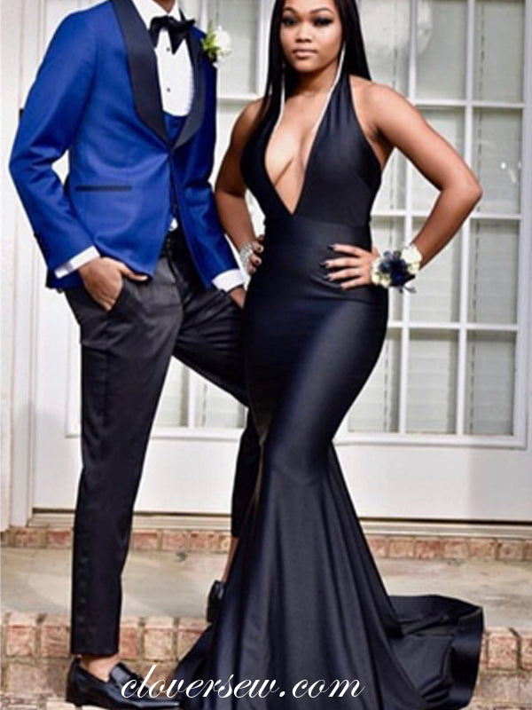 Black Elastic Satin Halter V-neck Mermaid Prom Dresses ,CP0212