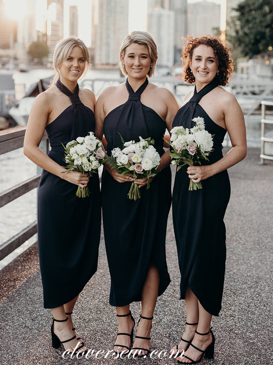Black Jersey Column Halter Ankle Length Bridesmaid Dresses, CB0078