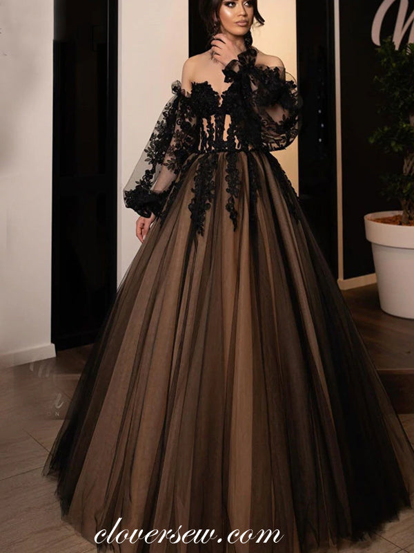 Black Lace Applique Long Sleeves Off The Shoulder Prom Dresses,CP0419 clover sew Black Lace Applique Long Sleeves Off The Shoulder Prom Dresses,CP0419 clover sew