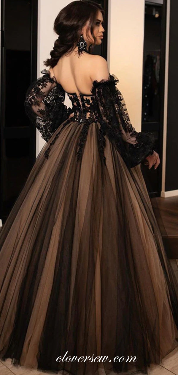 Black Lace Applique Long Sleeves Off The Shoulder Prom Dresses,CP0419 US4 / Custom Color(leaving a note)