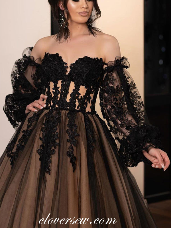 Black Lace Applique Long Sleeves Off The Shoulder Prom Dresses,CP0419 clover sew Black Lace Applique Long Sleeves Off The Shoulder Prom Dresses,CP0419 clover sew