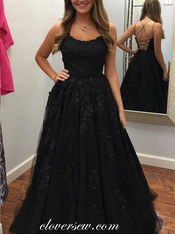 Black Lace Applique Spaghetti Strap Lace Up Back A-line Prom Dresses,CP0278