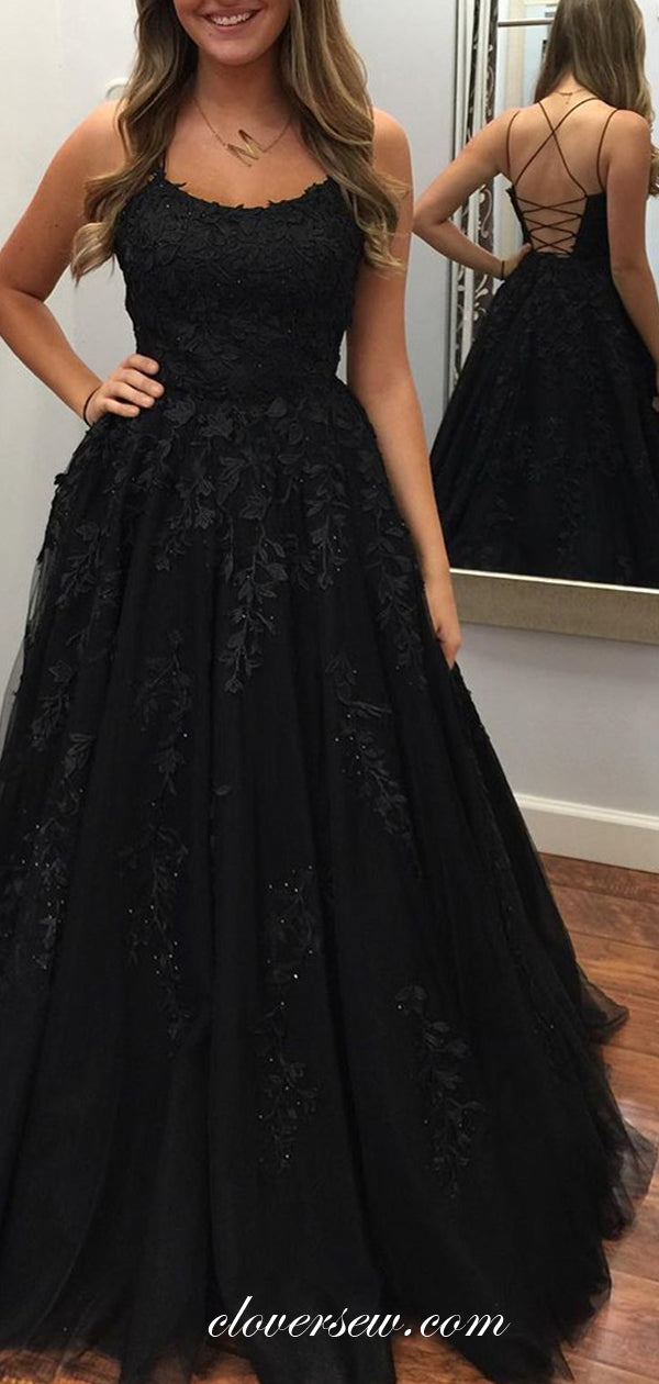 Black Lace Applique Spaghetti Strap Lace Up Back A-line Prom Dresses,CP0278