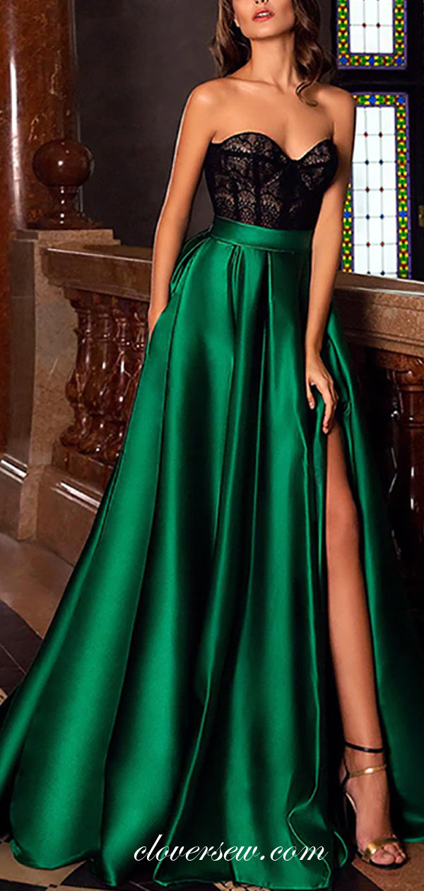 Black Lace Green Satin Strapless Side Slit A-line Prom Dresses,CP0420 clover sew Black Lace Green Satin Strapless Side Slit A-line Prom Dresses,CP0420 clover sew